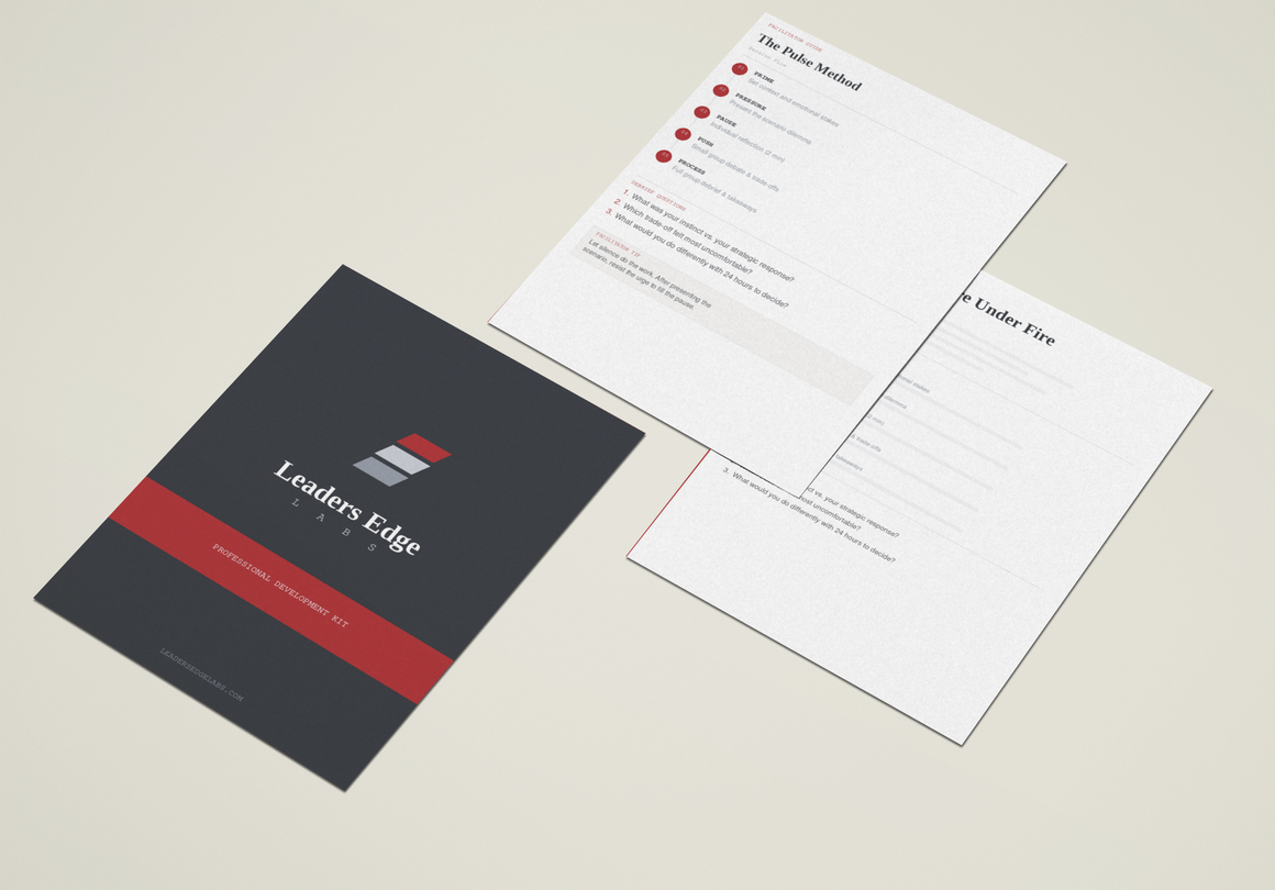 Leaders Edge Labs complete kit — facilitator guide, workbooks, and scenario cards