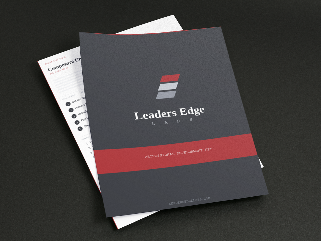 Leaders Edge Labs Professional Development Kit — folder cover, scenario cards, and facilitator guide